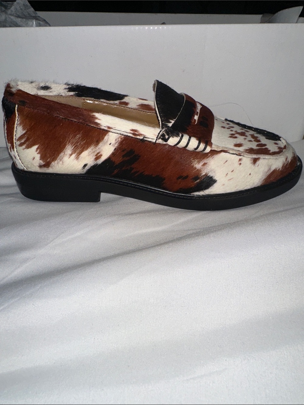 Steve Madden Cow Print Pony Hair Loafers in Brown, White, Black
